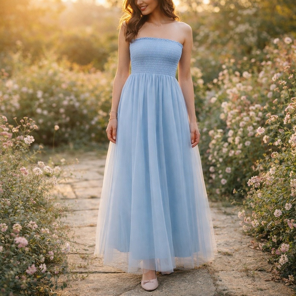 Pinko Balletcore Light Blue Tulle Maxi Dress Size 8 Ethereal Smocked Romantic